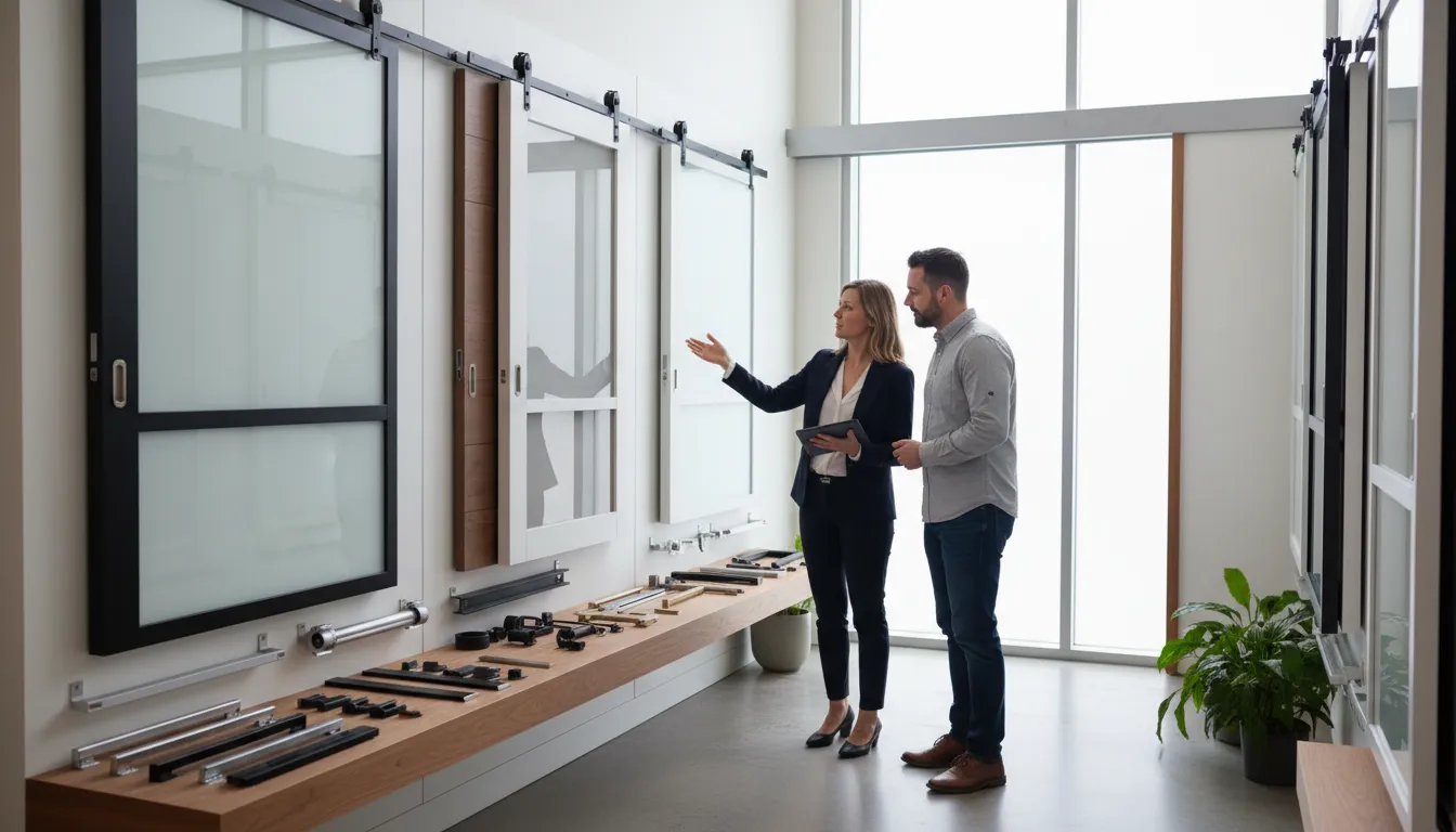 Specialist discutând cu clienți opțiunile de sisteme glisante într-un showroom