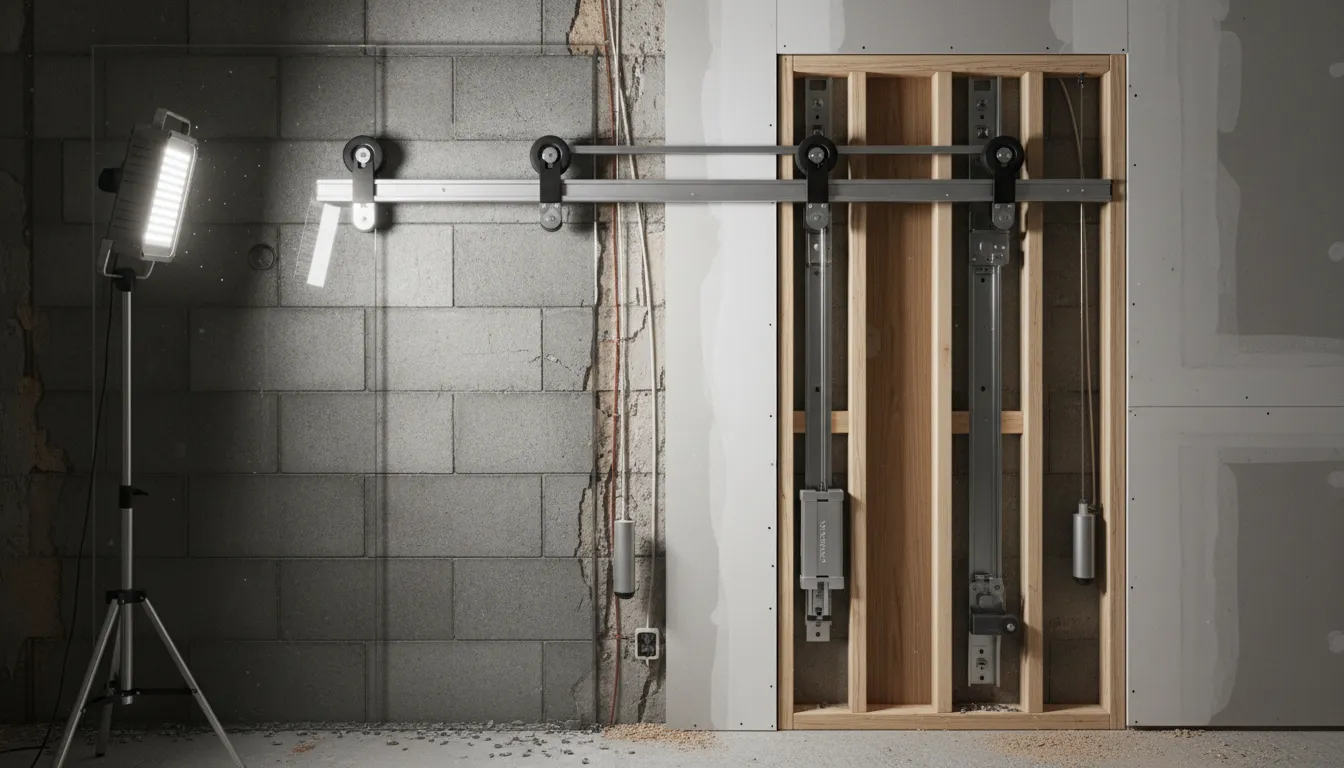 Secțiune transversală a unui perete cu ușă glisantă pe șină și una încastrată