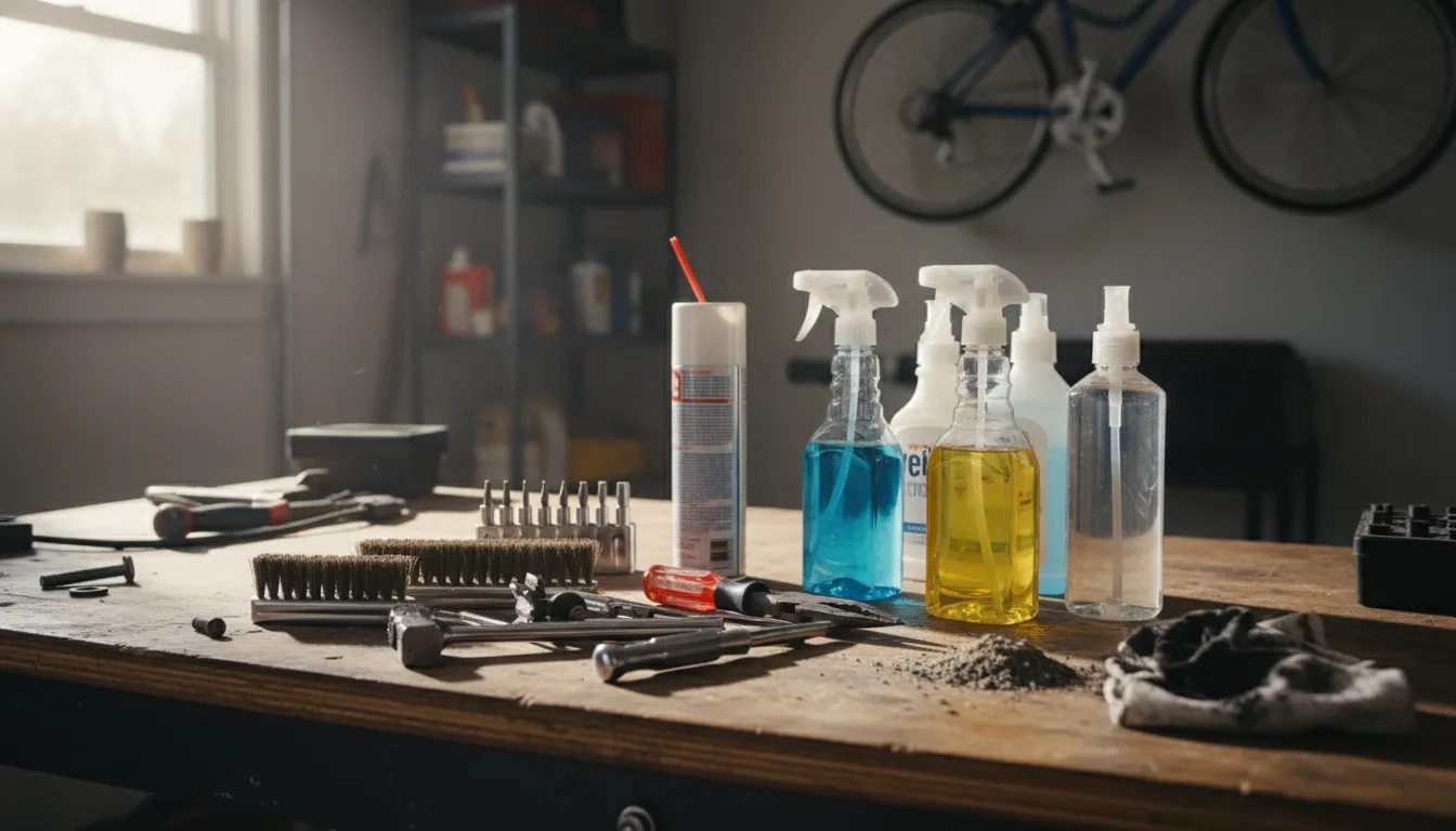 Set de produse de curățat și lubrifiant pentru role de ușă glisantă pe o masă de lucru