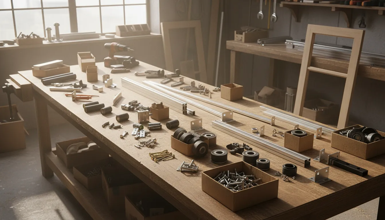 Componente pentru sisteme de uși glisante și materiale de montaj prezentate pe o masă