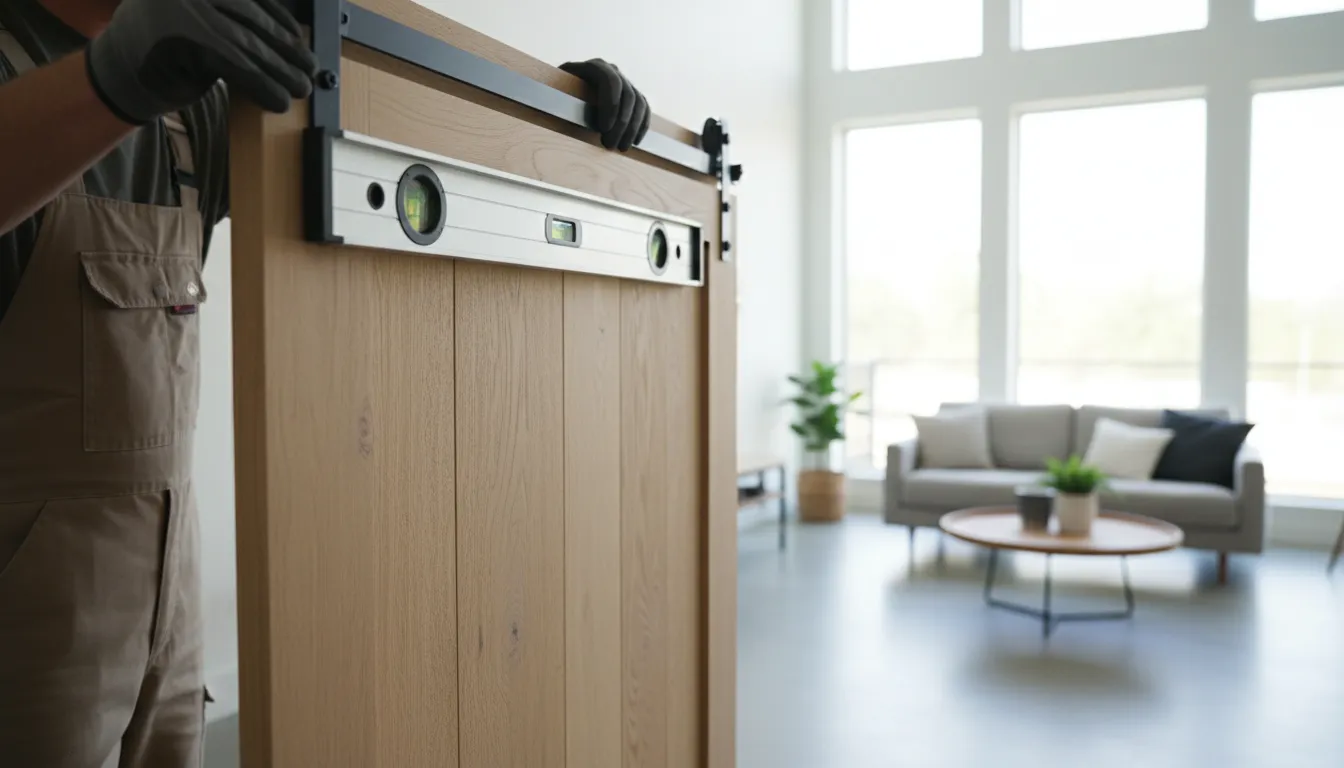 Specialist măsurând nivelul unei uși glisante din lemn în living