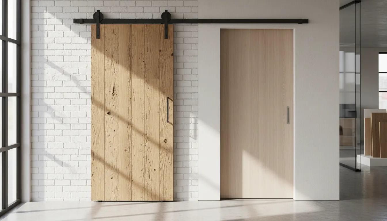 Două tipuri de uși glisante, unul pe perete și unul integrat, prezentate comparativ într-un showroom