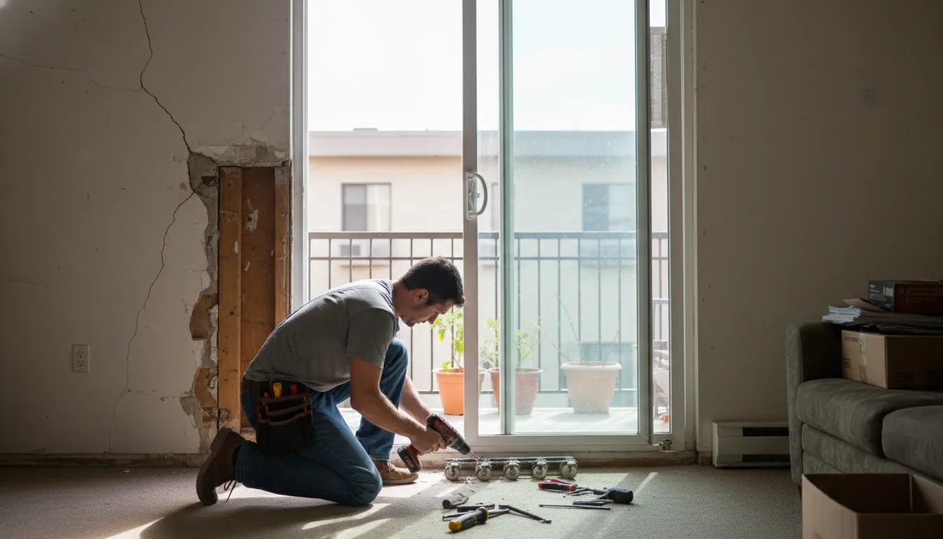 Specialist reparând o ușă glisantă într-o cameră cu perete crăpat