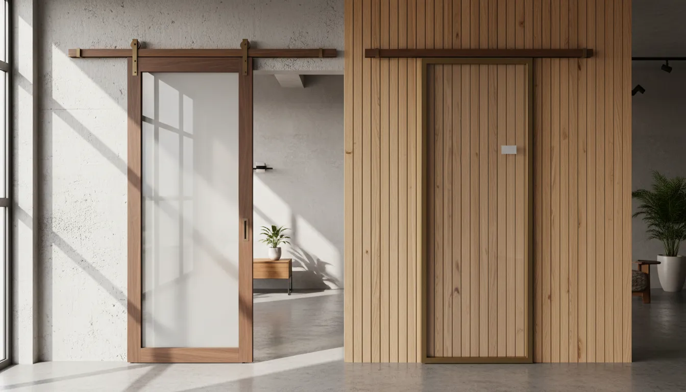 Două modele de uși glisante cu sisteme de glisare diferite, montate pe un perete de prezentare