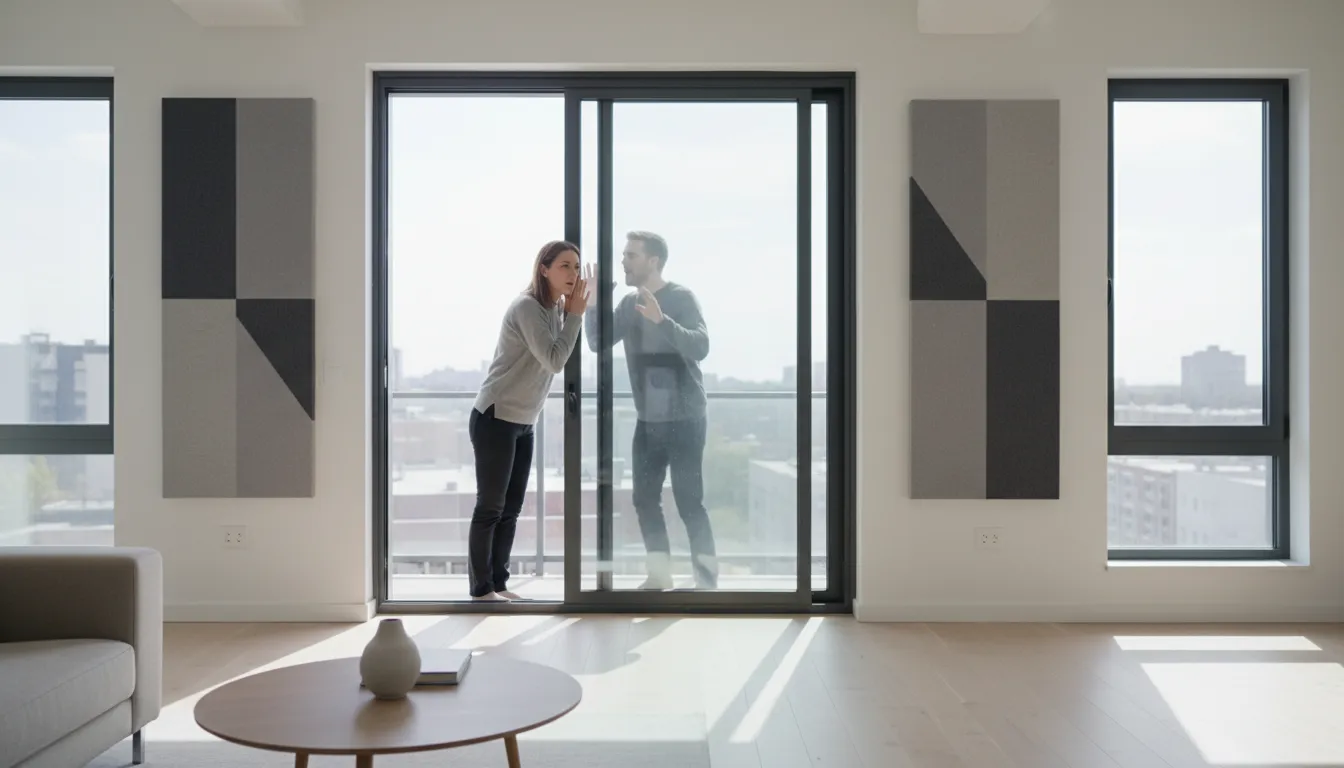 Persoană testând etanșeitatea și izolarea fonică a unei uși glisante moderne