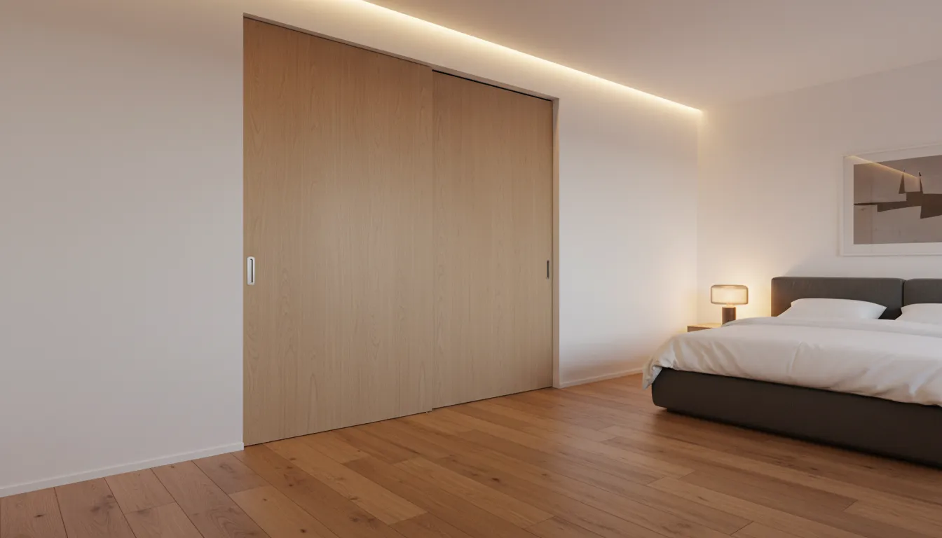 Ușă glisantă complet integrată în perete, fără șine vizibile, în dormitor